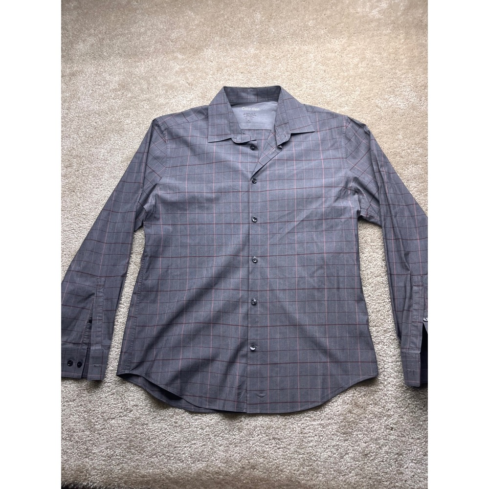 Calvin Klein Mens Extreme Slim Fit Grey Pink Windowpane Dress Shirt 15-15.5 M
